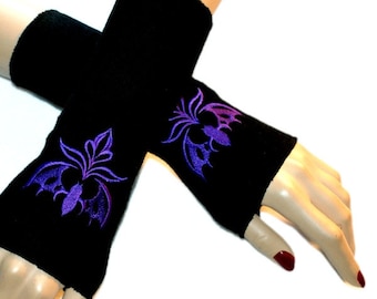 Embroidered Vampire Bat Fleece Arm Warmers Black / Purple  MTCoffinz Fingerless gloves