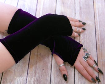 Gothic plush stretch Velvet arm warmers fingerless gloves with thumb holes MTcoffinz  MTC