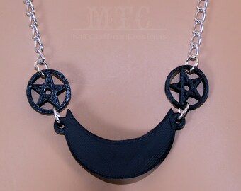 Crescent Moon Pentacle Pentagram Goth necklace 3D printed Gothic Pagan Witch Luna Wicca Wiccan Lightweight Free Ship MTcoffinz