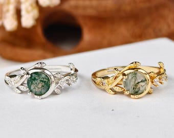 Anillo de plata de ley con ágata musgosa y diamantes, anillo ajustable de piedra lunar, anillo de piedra natural, joyería de oro de 18 quilates.