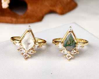 Anillo de plata de ley con ágata musgosa, anillo de circonita con piedra lunar, banda ajustable.