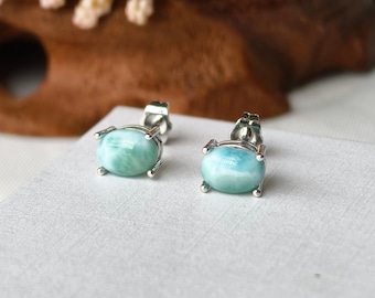 Dainty 925 Silver Oval Larimar Stud Earrings, Gemstone Earring, Natural Stone Studs for Women, Larimar Earring Jewelry, Gift for Her