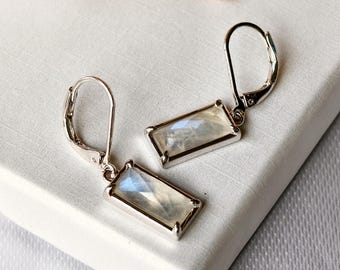 925 Silver Rectangle Moonstone Earring, Gemstone Earring for Women, Moonstone Drop Earring, Silver Earrings, Birthday Gift, Gift for Her