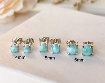 Clous d'oreilles ronds en argent sterling Larimar, pierres précieuses naturelles (4 mm 5 mm 6 mm)