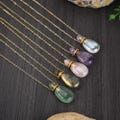 Multi Natural Stones Perfume Bottle Necklace: Gemstone Pendant, 18k Gold Plated, 26 inch Chain
