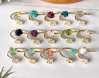 18K Gold Plated Gemstone Ring, Raw Crystal Adjustable Ring, Natural Stone Jewelry