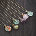 Unique Gemstone Perfume Bottle Pendant Necklace: Multi Natural Stones Diffuser, 26 inch Gold Chain