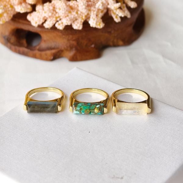 Anillo de plata de ley 925 con turquesa, banda de labradorita y piedra lunar, joyería de piedras preciosas.