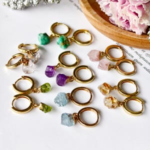 18K Gold Plated Natural Stone Hoop Earrings, Raw Gemstone Crystal Dangle Earring