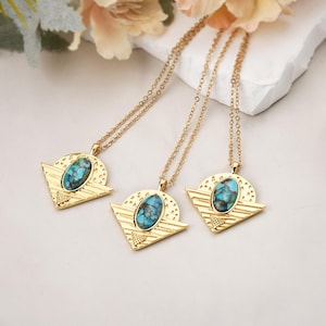 Fashion 925 Sterling Silver Copper Turquoise Pendant Necklace, Gold Line Turquoise Necklace, Turquoise Jewelry, Birthday Gift, Gift for Her