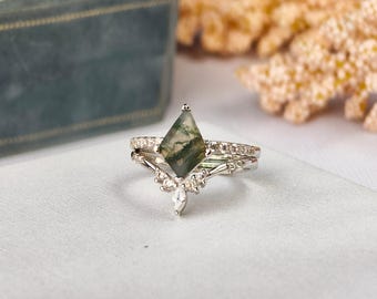 Sterling Silver Moss Agate Ring Set, Zirconia Gemstone, Adjustable Ring Jewelry