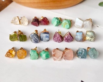 Pendientes de botón de piedra natural en bruto, plata de ley 925, joyería de cristal
