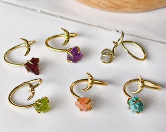Natural Gemstone Moon Ring, Adjustable Gold Claw Ring