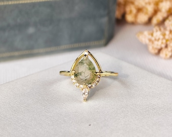 Anillo de ágata musgosa de plata de ley 925 para mujer, anillo ajustable con circonitas.