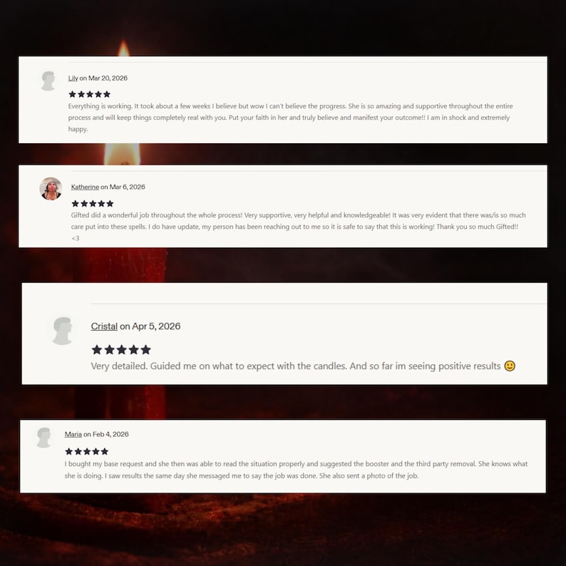 May include: A collection of four customer reviews displayed on white rectangular backgrounds. Each review includes a five-star rating, a customer name, a date, and text describing experiences with a service, set against a dark, candlelit backdrop.