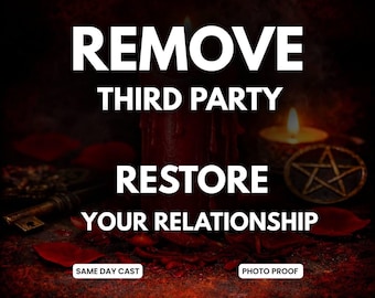 Op de afbeelding: Afbeelding met tekst: "REMOVE THIRD PARTY RESTORE YOUR RELATIONSHIP." Een rode kaars, een brandende kaars, een sleutel en een pentagram zijn zichtbaar. De achtergrond is donkerrood met rozenblaadjes.