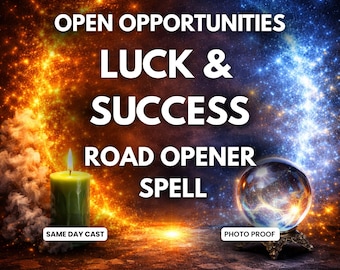 May include: A green pillar candle with a lit flame and a clear crystal ball on a stand against a cosmic background of orange and blue nebula clouds. The text reads: OPEN OPPORTUNITIES LUCK & SUCCESS ROAD OPENER SPELL, SAME DAY CAST, PHOTO PROOF.