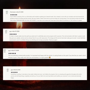 May include: A collection of four five-star customer reviews displayed on white rectangular backgrounds, layered over a dark, out-of-focus image of a lit red candle. The text includes names like Etsy buyer, Liz, and Lily, with dates in 2026.