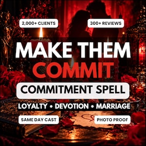 Peut inclure: Un graphique numérique avec des bougies rouges, des pétales de rose et un livre. Le texte indique : 2,000+ CLIENTS, 300+ REVIEWS, MAKE THEM COMMIT, COMMITMENT SPELL, LOYALTY • DEVOTION • MARRIAGE, SAME DAY CAST, PHOTO PROOF. Tons rouge foncé et noir.