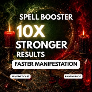 Puede incluir: Imagen de temática mística con una vela roja encendida en un soporte decorativo, un cristal y el texto "SPELL BOOSTER 10X STRONGER RESULTS FASTER MANIFESTATION". El fondo es oscuro y mágico.