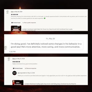 May include: A digital screenshot displaying three customer reviews and a text message. The reviews feature five-star ratings and text praising communication. The message reads: I'm doing good, I've definitely noticed some changes in his behavior.