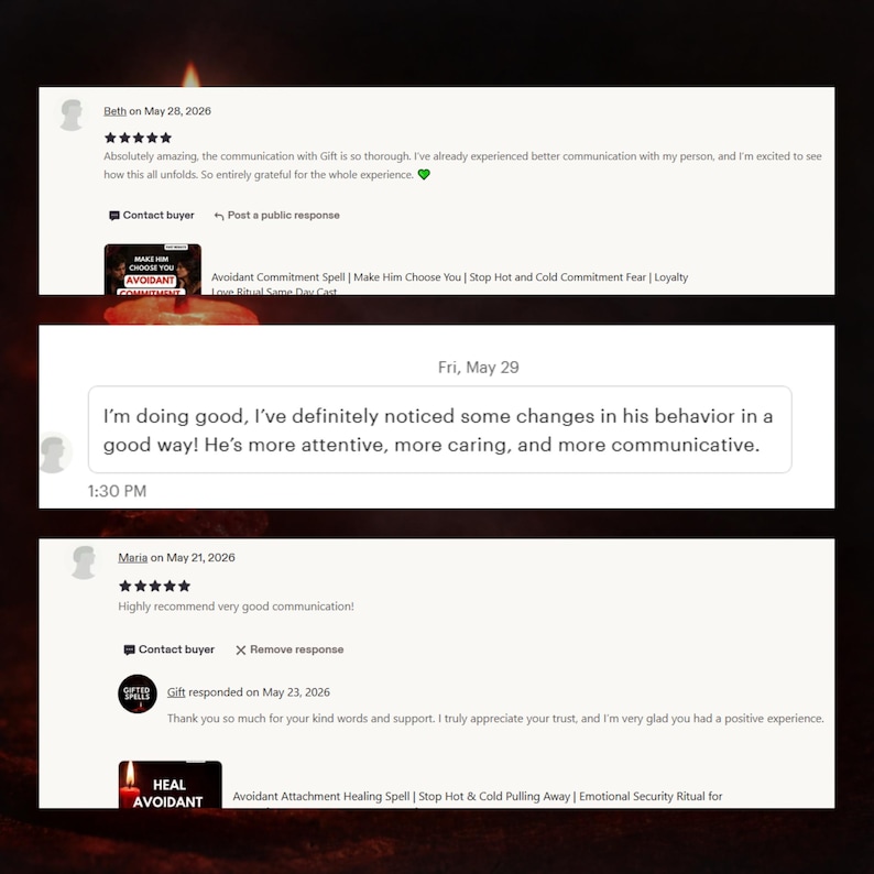 May include: A digital screenshot displaying three customer reviews and a text message. The reviews feature five-star ratings and text praising communication. The message reads: I'm doing good, I've definitely noticed some changes in his behavior.