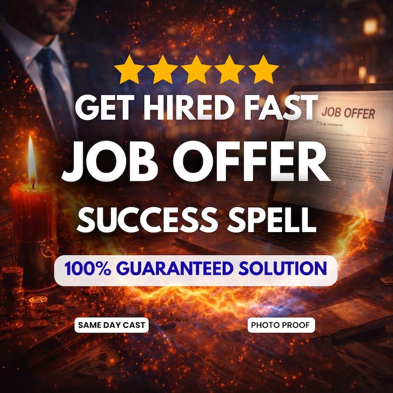 May include: An advertisement with the text "GET HIRED FAST JOB OFFER SUCCESS SPELL" and "100% GUARANTEED SOLUTION." The image features a lit candle, a laptop displaying a document labeled "JOB OFFER," and a person in a suit.