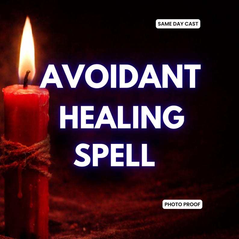 May include: A lit red candle with the text "Avoidant Healing Spell" in white. The candle is wrapped with twine and has a bright yellow flame. The words "Same Day Cast" and "Photo Proof" are also visible.