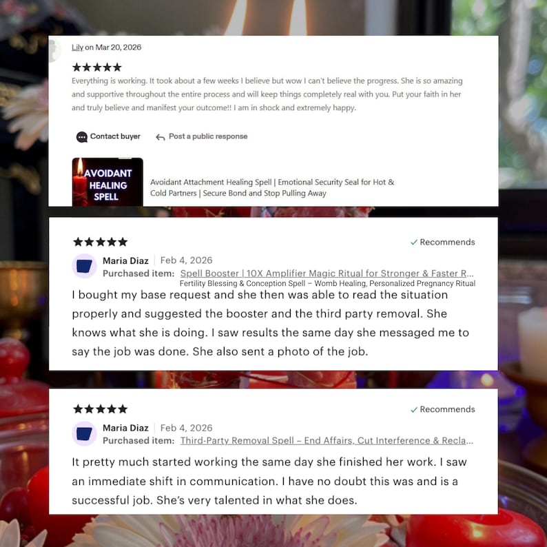 May include: Image of Etsy customer reviews. The reviews are from customers who purchased spells. The reviews are positive and mention the spell's effectiveness and the seller's support. The image includes the text "AVOIDANT HEALING SPELL".