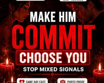 May include: A promotional graphic featuring two people in profile with red candles and roses. Text reads: 1,800+ CLIENTS, 260+ REVIEWS, MAKE HIM COMMIT CHOOSE YOU, STOP MIXED SIGNALS, SAME DAY CAST, and PHOTO PROOF. The color palette is dark red and black.