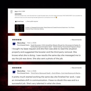 May include: Screenshot of Etsy reviews. The reviews are from Maria, dated March 3 and February 4, 2026. The reviews mention spells, boosters, and rituals. The reviews are positive, with 5-star ratings.