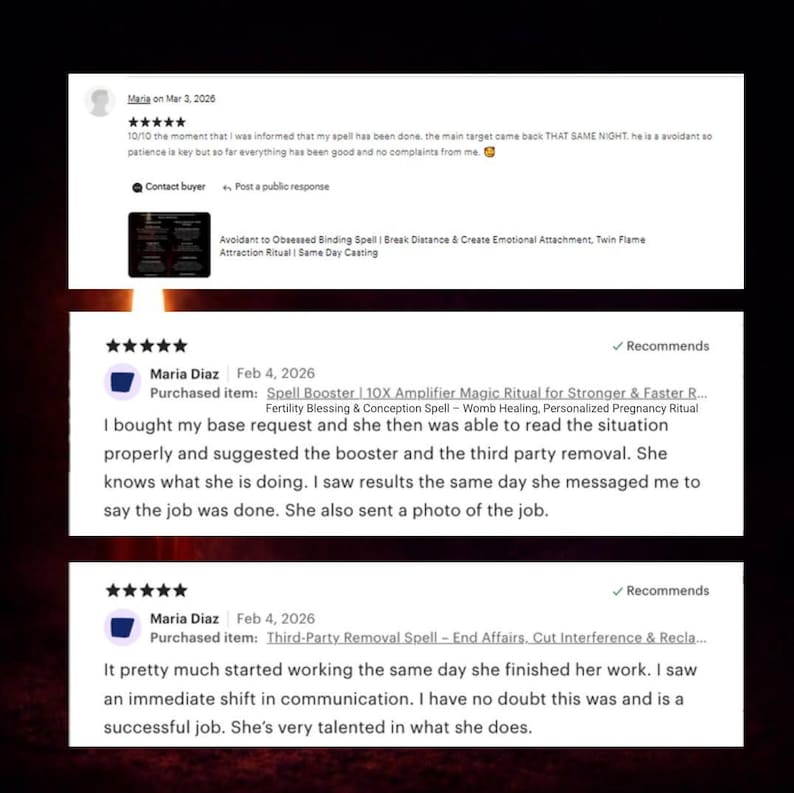 May include: Screenshot of Etsy reviews. The reviews are from Maria, dated March 3 and February 4, 2026. The reviews mention spells, boosters, and rituals. The reviews are positive, with 5-star ratings.