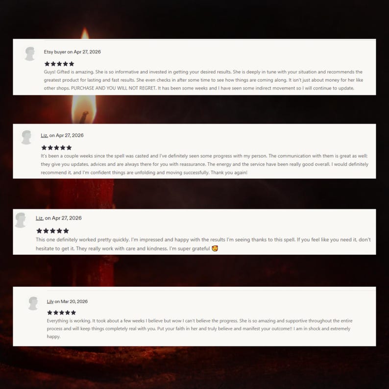 May include: Four white rectangular customer review cards featuring five-star ratings and text testimonials from Etsy buyers. The reviews are layered over a dark background with a single lit red candle glowing in the center.