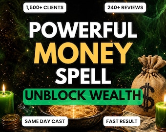 May include: A digital graphic featuring the text POWERFUL MONEY SPELL and UNBLOCK WEALTH, surrounded by green smoke, two green candles, a burlap sack with a dollar sign, gold coins, a golden key, and a bowl with a glowing circular pattern.