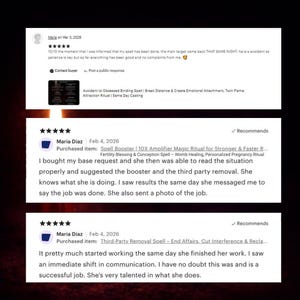 May include: Screenshot of Etsy reviews. The reviews are from Maria, dated March 3 and February 4, 2026. The reviews mention spells, boosters, and rituals. The reviews are positive, with 5-star ratings.
