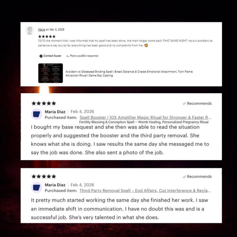 May include: Screenshot of Etsy reviews. The reviews are from Maria, dated March 3 and February 4, 2026. The reviews mention spells, boosters, and rituals. The reviews are positive, with 5-star ratings.