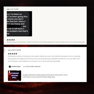 May include: Image of customer reviews for an Avoidant Attachment Healing Spell. The reviews are from Addi and Lily, with positive feedback. The image also includes a graphic with the text "Avoidant Healing Spell".