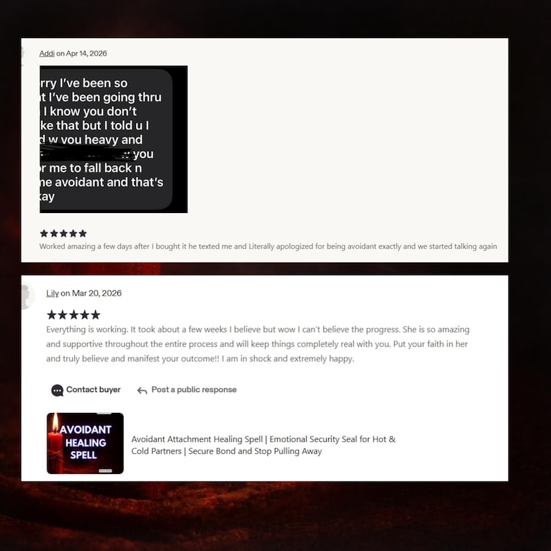 May include: Image of customer reviews for an Avoidant Attachment Healing Spell. The reviews are from Addi and Lily, with positive feedback. The image also includes a graphic with the text "Avoidant Healing Spell".