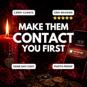 May include: A red candle with a heart charm and a smartphone displaying a new message notification. Text reads: 1,500+ CLIENTS, 230+ REVIEWS, MAKE THEM CONTACT YOU FIRST, SAME DAY CAST, PHOTO PROOF. The background features red smoke and gold coins.