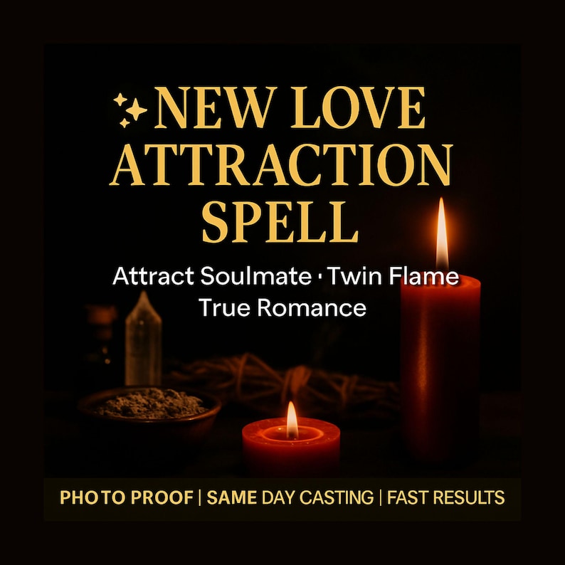 Puede incluir: Imagen oscura con el texto "NEW LOVE ATTRACTION SPELL". Debajo, el texto dice "Attract Soulmate &middot; Twin Flame True Romance". Se ven dos velas encendidas y un cuenco peque&ntilde;o. El texto "PHOTO PROOF | SAME DAY CASTING | FAST RESULTS" est&aacute; en la parte inferior.