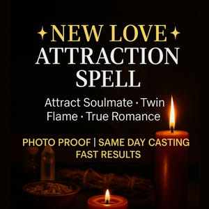 Puede incluir: Imagen con texto que dice "NEW LOVE ATTRACTION SPELL" con las palabras "Attract Soulmate &bull; Twin Flame &bull; True Romance" debajo. La imagen tambi&eacute;n dice "PHOTO PROOF | SAME DAY CASTING FAST RESULTS". Se ven dos velas encendidas.