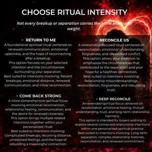 May include: A digital graphic titled CHOOSE RITUAL INTENSITY with a red glowing heart background. It lists four options: RETURN TO ME, RECONCILE US, COME BACK STRONG, and DEEP RECONCILE, each with descriptive text about spiritual relationship rituals.