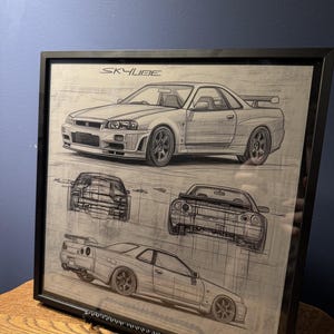 Plano del R34 Skyline GT-R: Impresión de aluminio grabada con láser / Arte mural JDM / Regalo Nissan GTR enmarcado para entusiastas de los coches