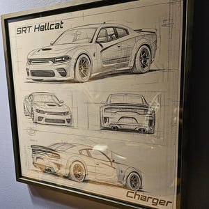 Dodge Charger SRT Hellcat Blueprint – Laser Engraved Aluminum Car Art | Muscle Car Wall Decor | Framed Hellcat Gift for Car Enthusiasts