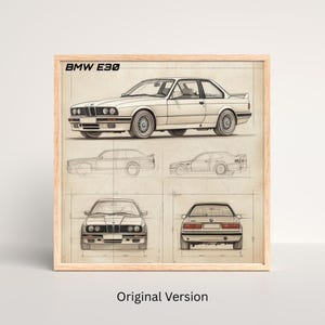 May include: Framed print featuring a detailed illustration of a BMW E30 car. The artwork includes multiple views of the car, including side, front, and rear perspectives, set against a grid background. The text "BMW E30" is at the top.