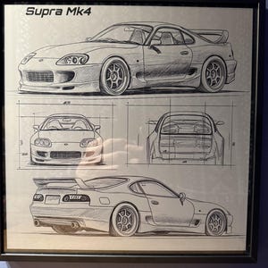Toyota Supra MK4 Blueprint – Laser Engraved Aluminum Car Art | JDM Wall Decor | Framed Supra Gift for Car Enthusiasts | 2JZ Automotive Print