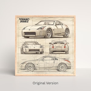 May include: A framed print displaying a blueprint-style illustration of a Nissan 350Z sports car. The artwork presents the car from various perspectives, including front, side, and rear views, with the model name at the top.