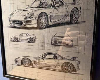 Mazda RX-7 Blueprint – Laser Engraved Aluminum Car Print | JDM