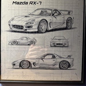 マツダ RX-7 ブループリント – レーザー彫刻アルミカープリント | JDM ウォールアート | 車愛好家へのフレーム付き RX-7 ギフト | ロータリーエンジン装飾