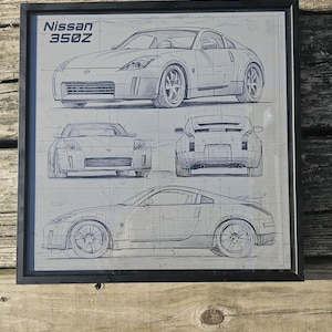 issan 350Z Blueprint – Lasergraviertes Aluminium Auto | JDM Wanddekor | Gerahmtes 350Z Geschenk für Auto-Enthusiasten | Z33 Automotiv Druck